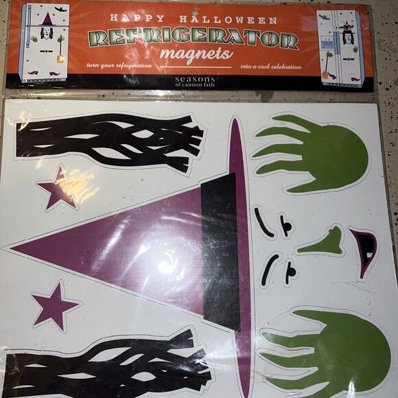 Happy Halloween Refrigerator Magnets Witch Hat Broom Hands Bat Shoes Belt Stars - Picture 1 of 10